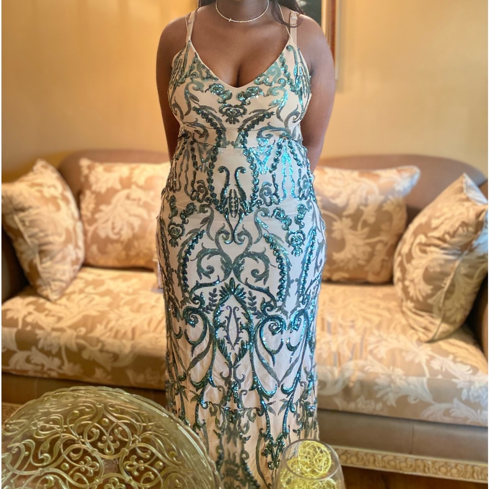 Beige and green dress homecoming/prom dress